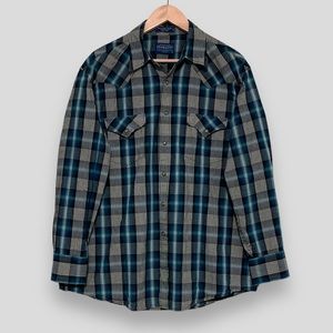 Pendleton Cotton Plaid Frontier Button-down Shirt - Marine Blue / Black | Size L